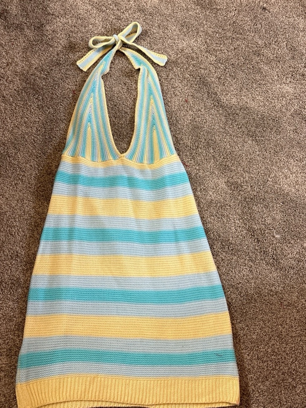 Forever 21 Yellow, Light Blue, and Cream Striped Knit Halter Mini Dress
